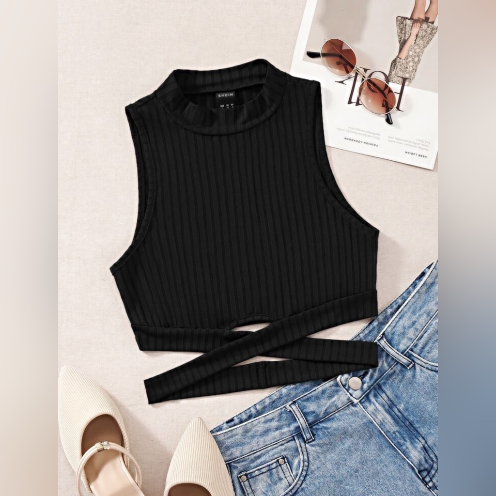 Shein Black Ribbed Cutout Tank Top